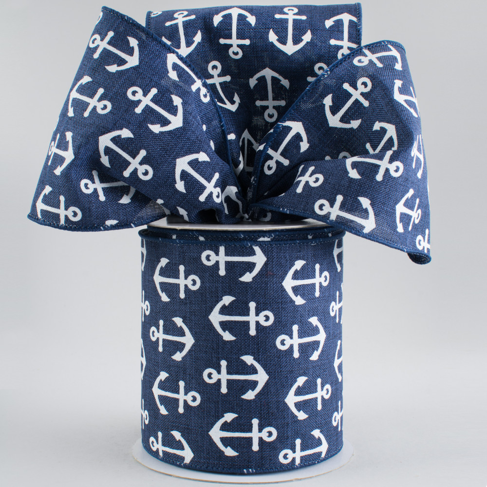 4 Woven Anchor Print Ribbon: Navy Blue & White (10 Yards) [RG0149019] 
