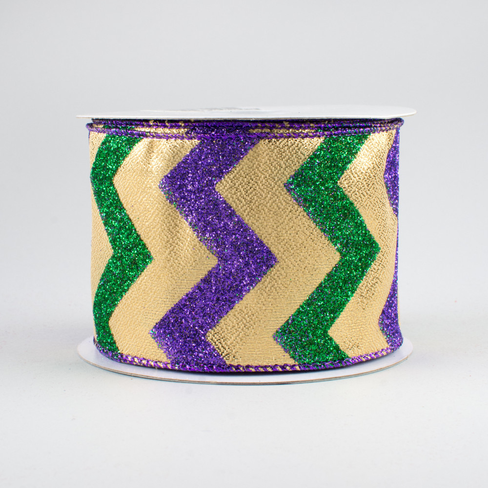 Mardi Gras Glitter Chevron Ribbon, Purple/Emerald Green/Gold, Wired Ribbon,  2.5