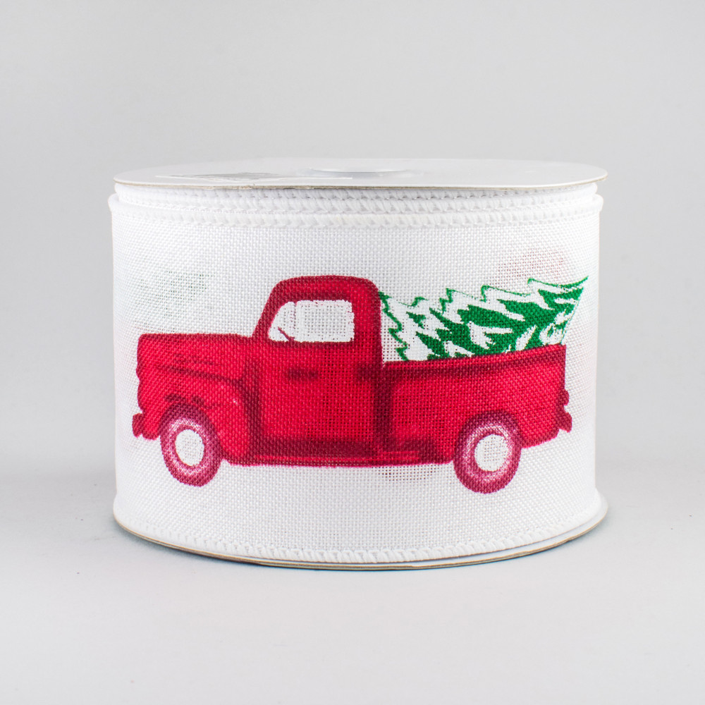 10 Yards - 2.5 Wired White Background Red Truck Valentines Day Ribbon with  Glitter Accent
