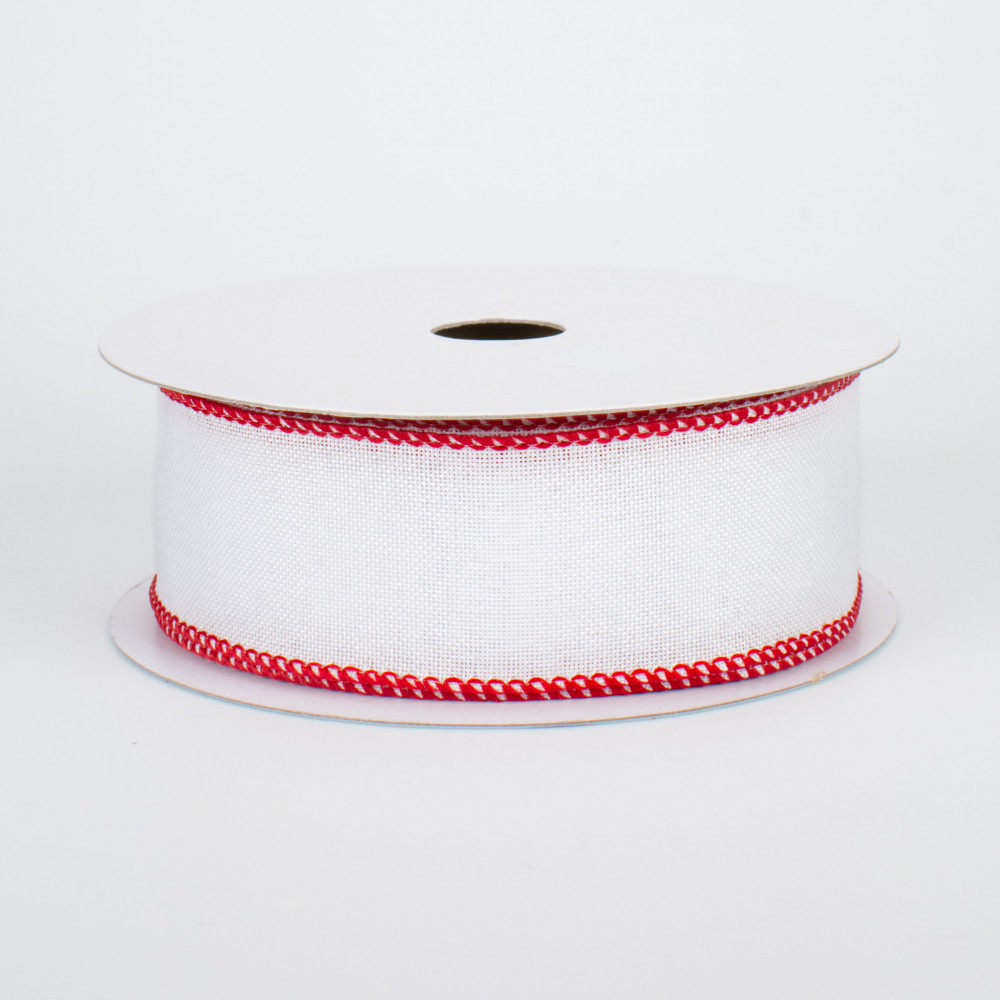 1.5 Rough Stitch Edge Ribbon: White/Red - 10yd (RG01108F4)