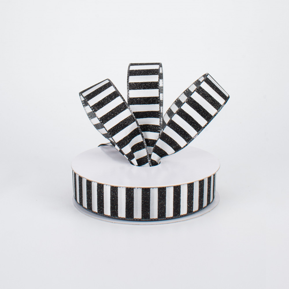Black & White Stripe Glittered Heart Wired Ribbon 1-1/2 x 10yards