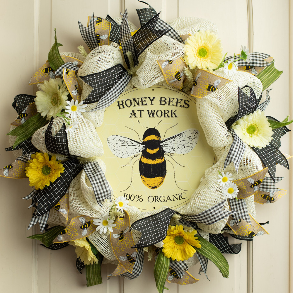 Yellow Floral Honey Bee Wreath for Front Door, Bee Chicken Wire