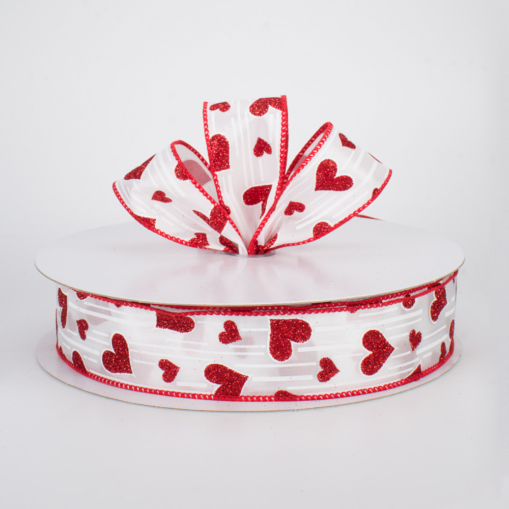 1.5 White and Red Hearts Satin Ribbon - 50 Yards