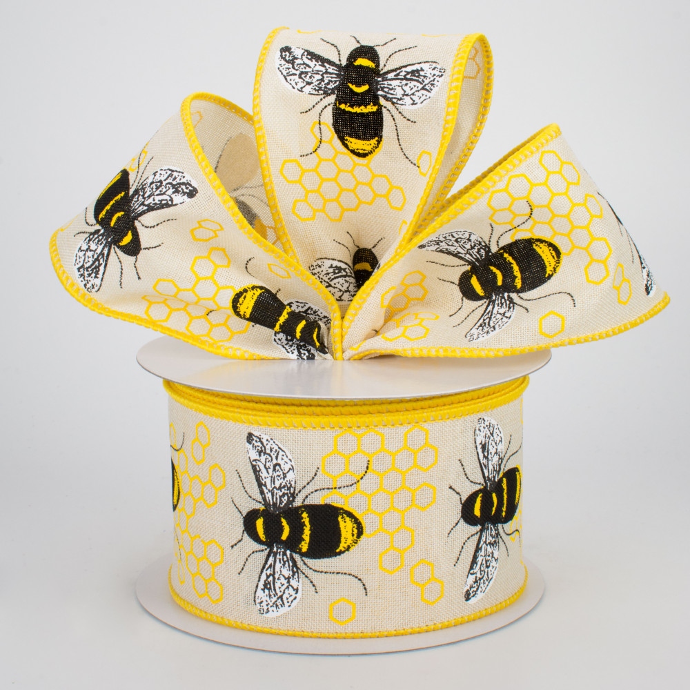 Wired Ribbon * Bumble Bees * Lt. Beige, White, Yellow and Black Canvas *  2.5 x 10 Yards * RGC179801