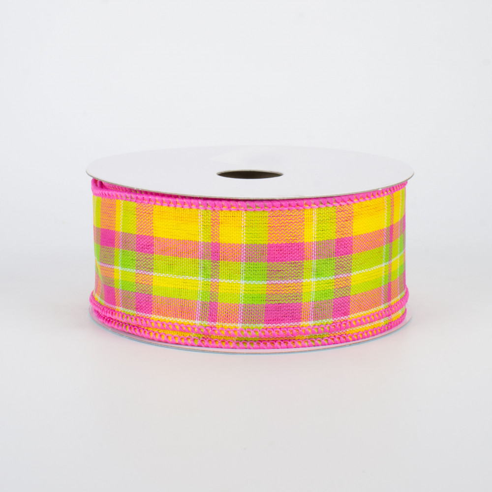 Lime Green and White Black Check Plaid Ribbon, 1 1/2 Wide, Wired Edge, 5  YARDS
