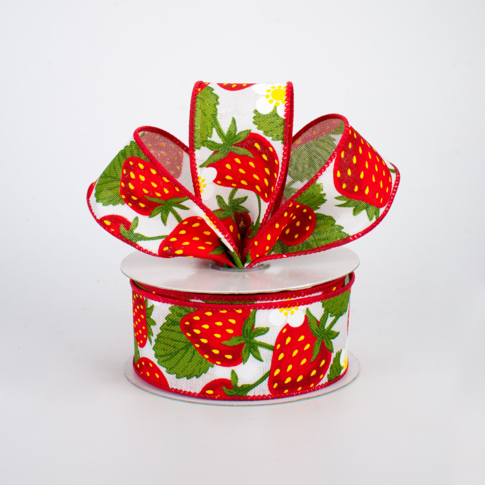 1.5 Strawberry Print Ribbon: White - 10yds
