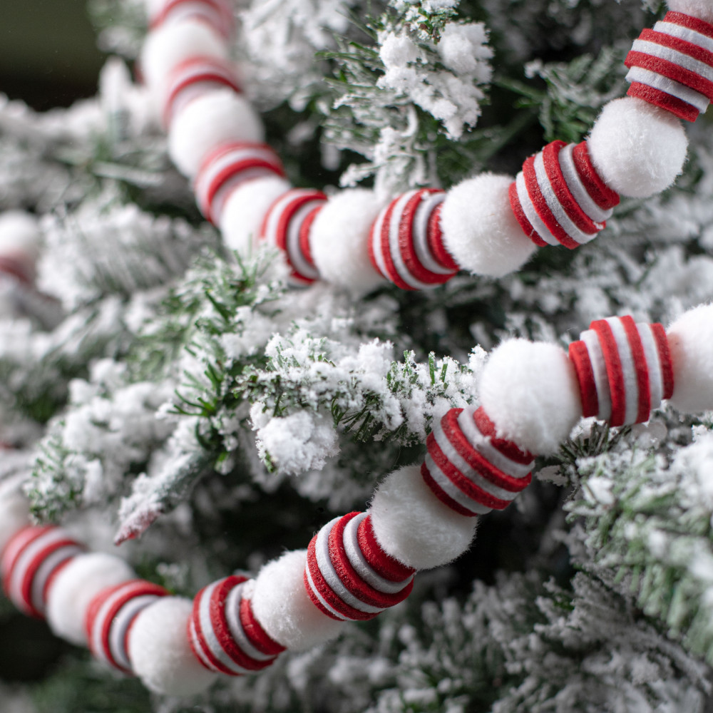 Red & White Felt Pom Poms Garland, Christmas Decorative Garland