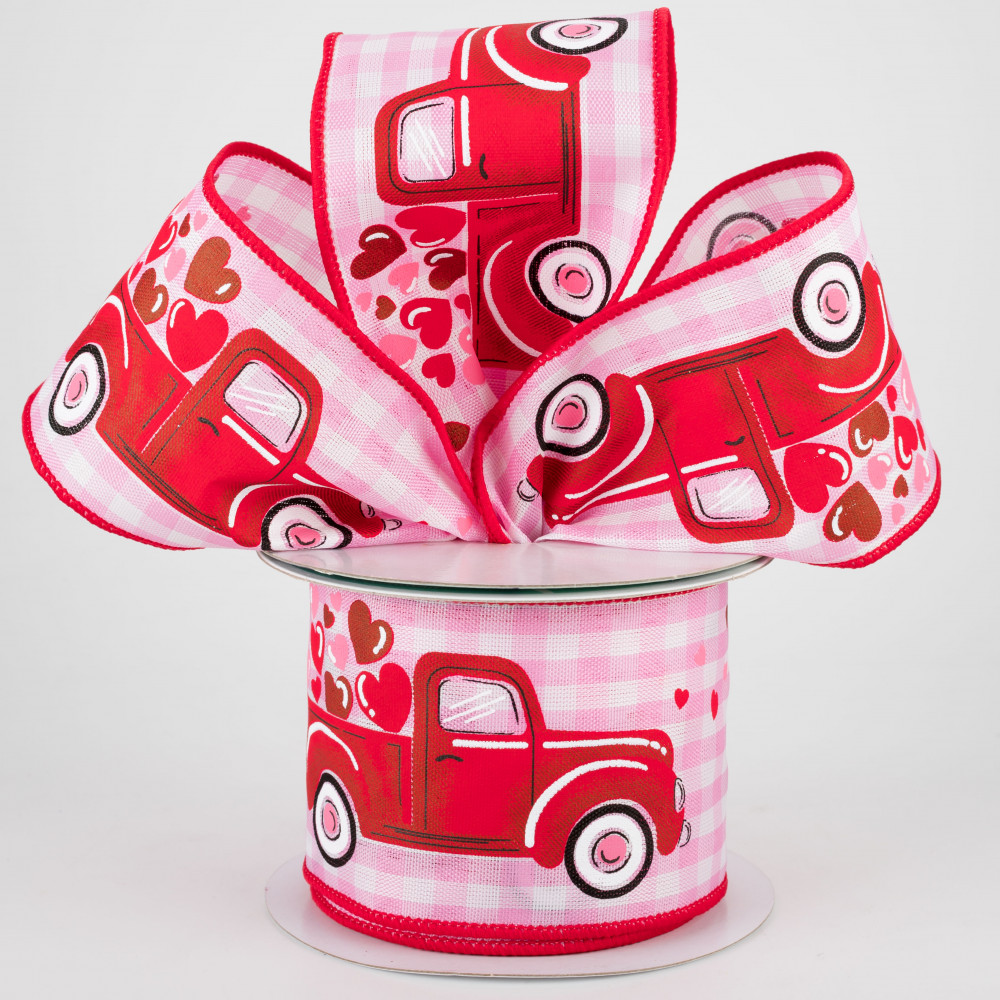 10 Yards - 2.5 Wired White Background Red Truck Valentines Day Ribbon with  Glitter Accent