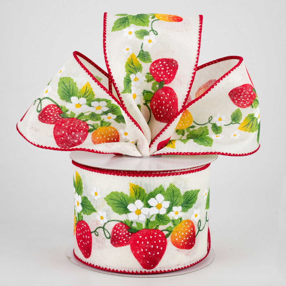 Wired Strawberry Ribbon, Fruit Ribbon, Red Strawberry Ribbon for Wreaths  and Bows, 2.5 X 10 YARD ROLL 