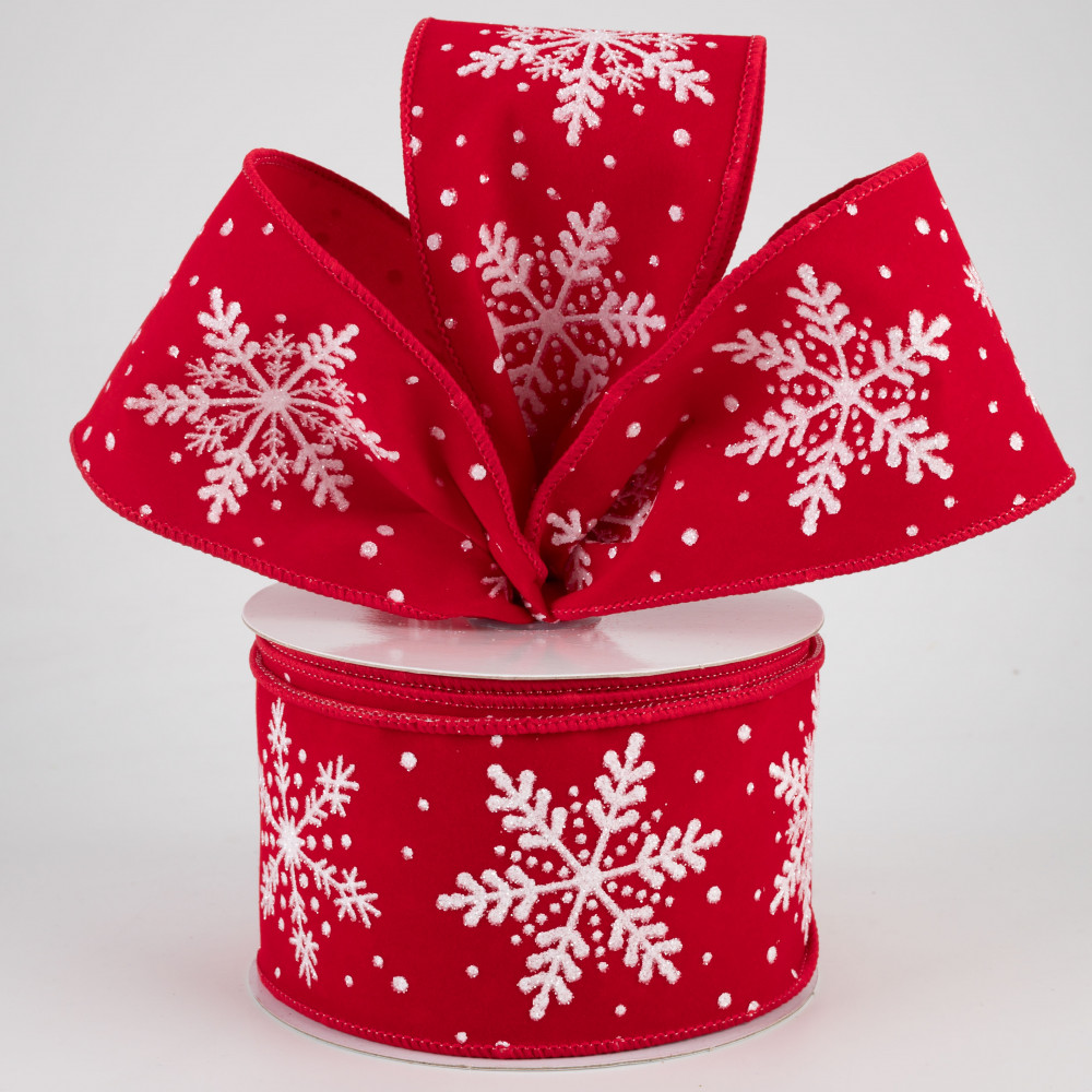 4″W x 5yd Snowflake/Tree Embroidered Ribbon White Red