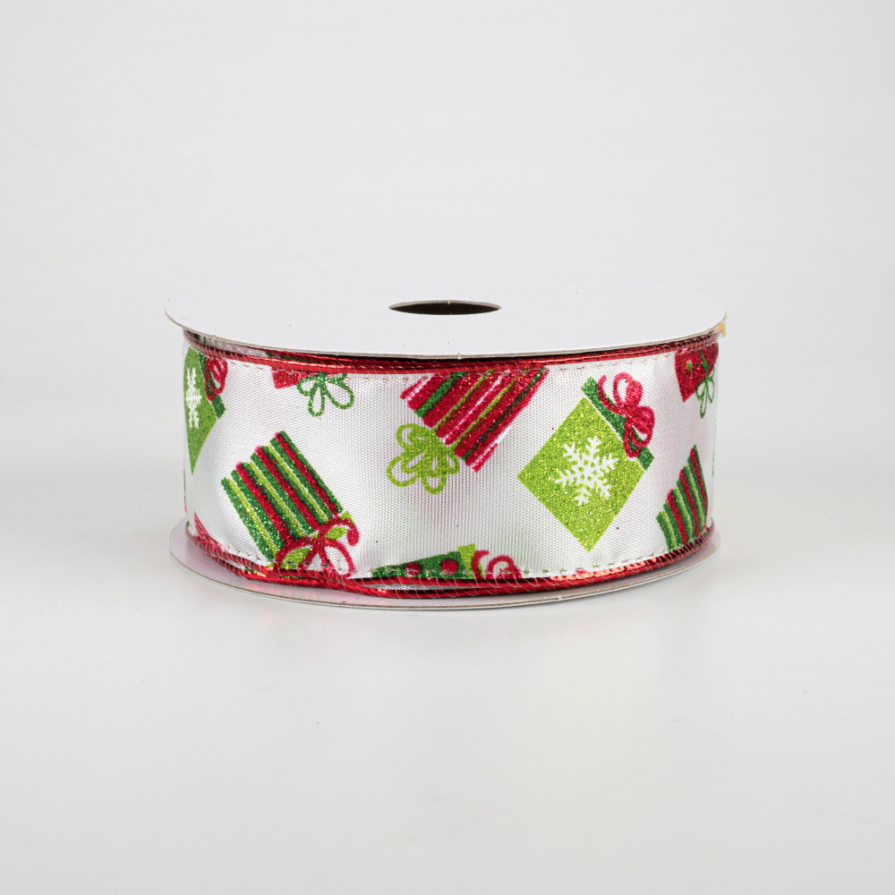 1.5 Inch (5 YDS) Wired Christmas Ribbon Red and Green Glitter Bows Wreaths