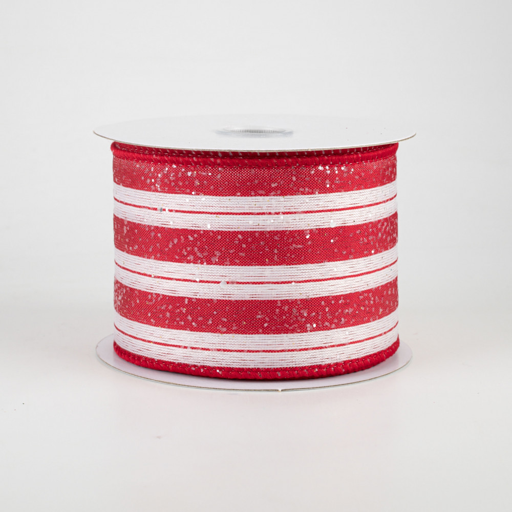 Glitter Horizontal Stripe Ribbon, Lt Grey/Red/White, Christmas, Wired  Ribbon, 1.