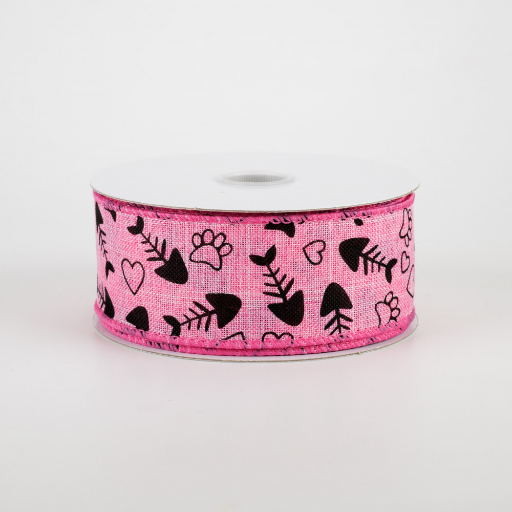 PINK Paw Print Wired Edge Linen Ribbon 2.5 Black Dog Paws Bones Hearts By  Yard