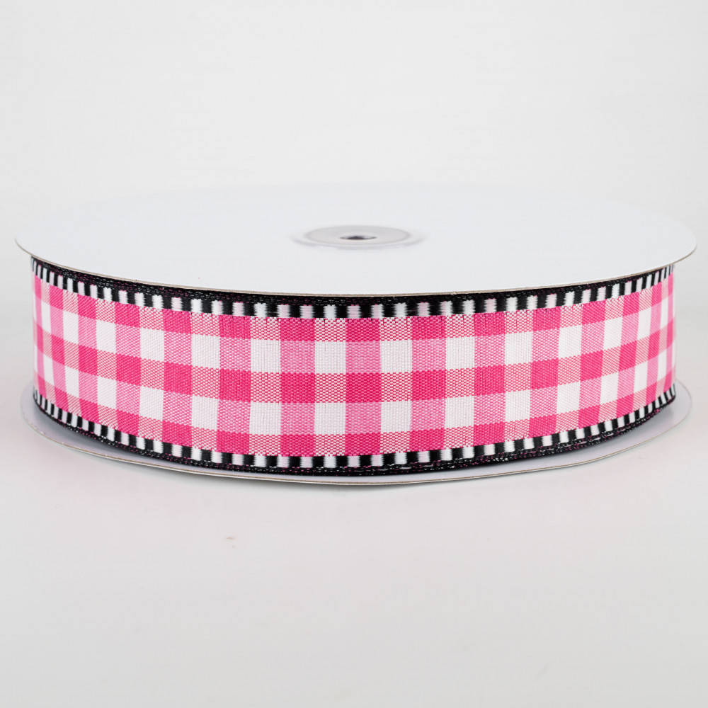 Plaid Check Wired Edge Ribbon - 10 Yards Light Pink, White, 1.5 Inches
