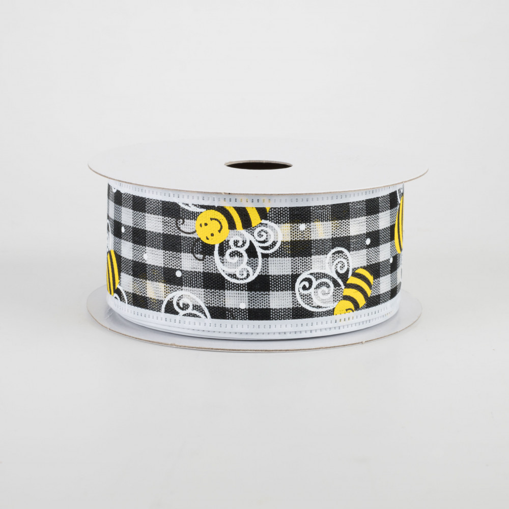 1.5 Black White Gingham with Bees White Edge Ribbon on a 10 Yard Roll