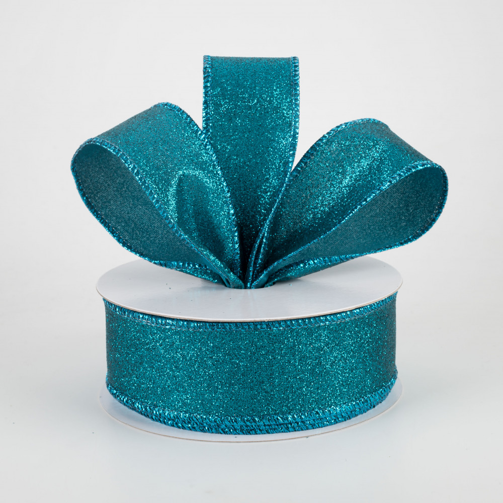 1.5 Turquoise Glitter Satin Ribbon Wired Ribbon 