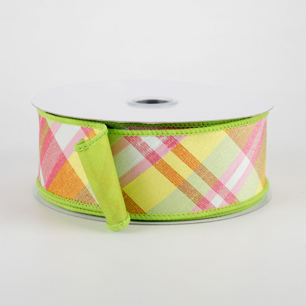 1.5 wired ribbon gingham check plaid lime green hot pink watermelon 5  yards