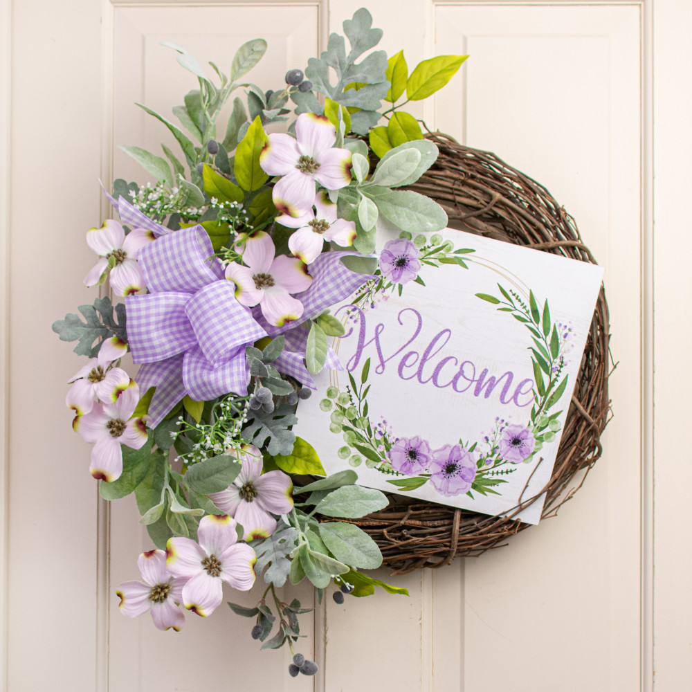 Lavender Wreath with White Carnations and a Mesh Blue and Purple