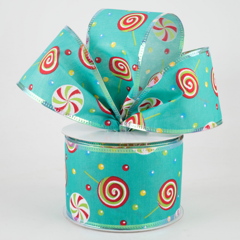 2 1/2 Satin Christmas Lollipops Candy Wired Ribbon: White, Teal