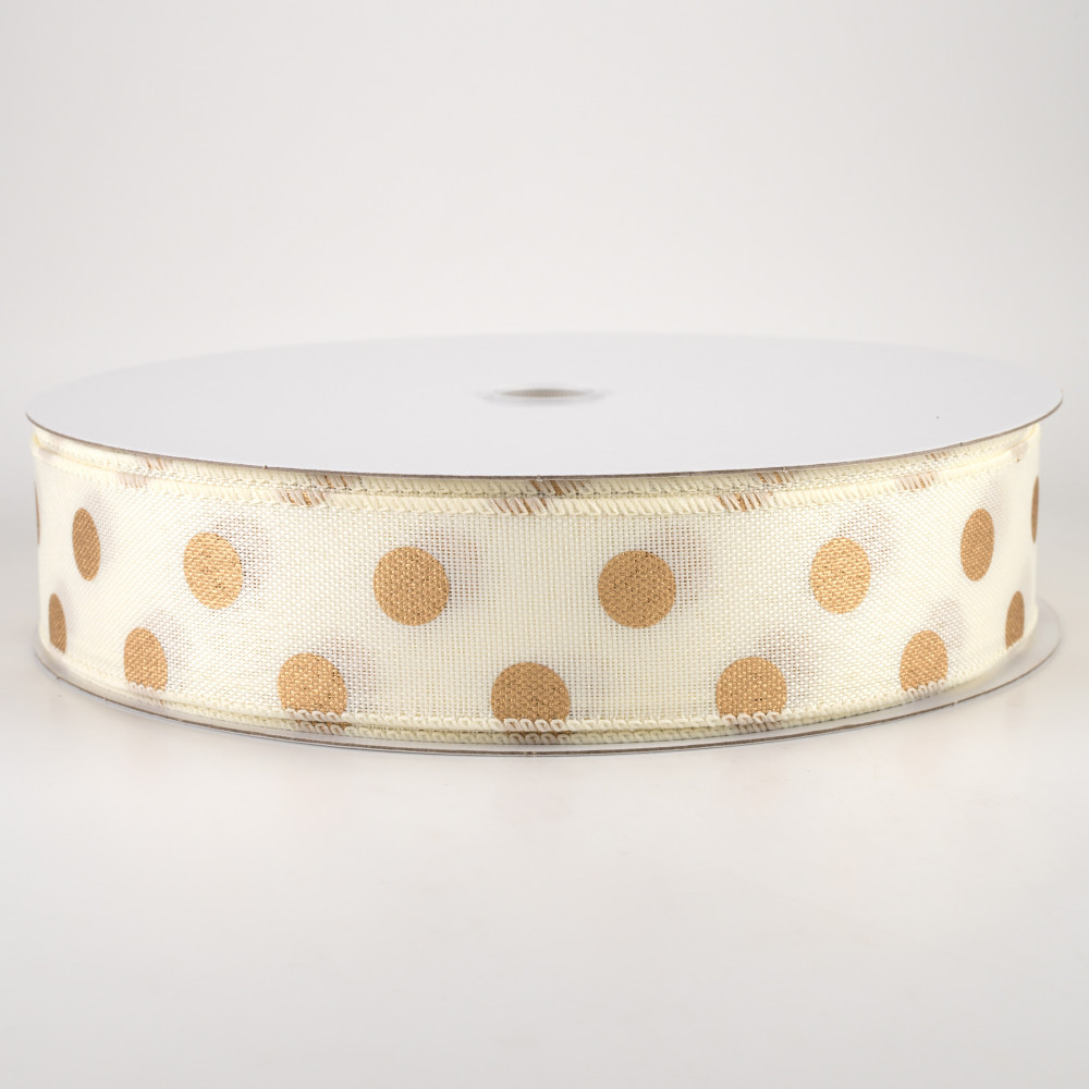 2.5 inch Wired Cream Ribbon with Metallic Gold Dots - 5 Yards