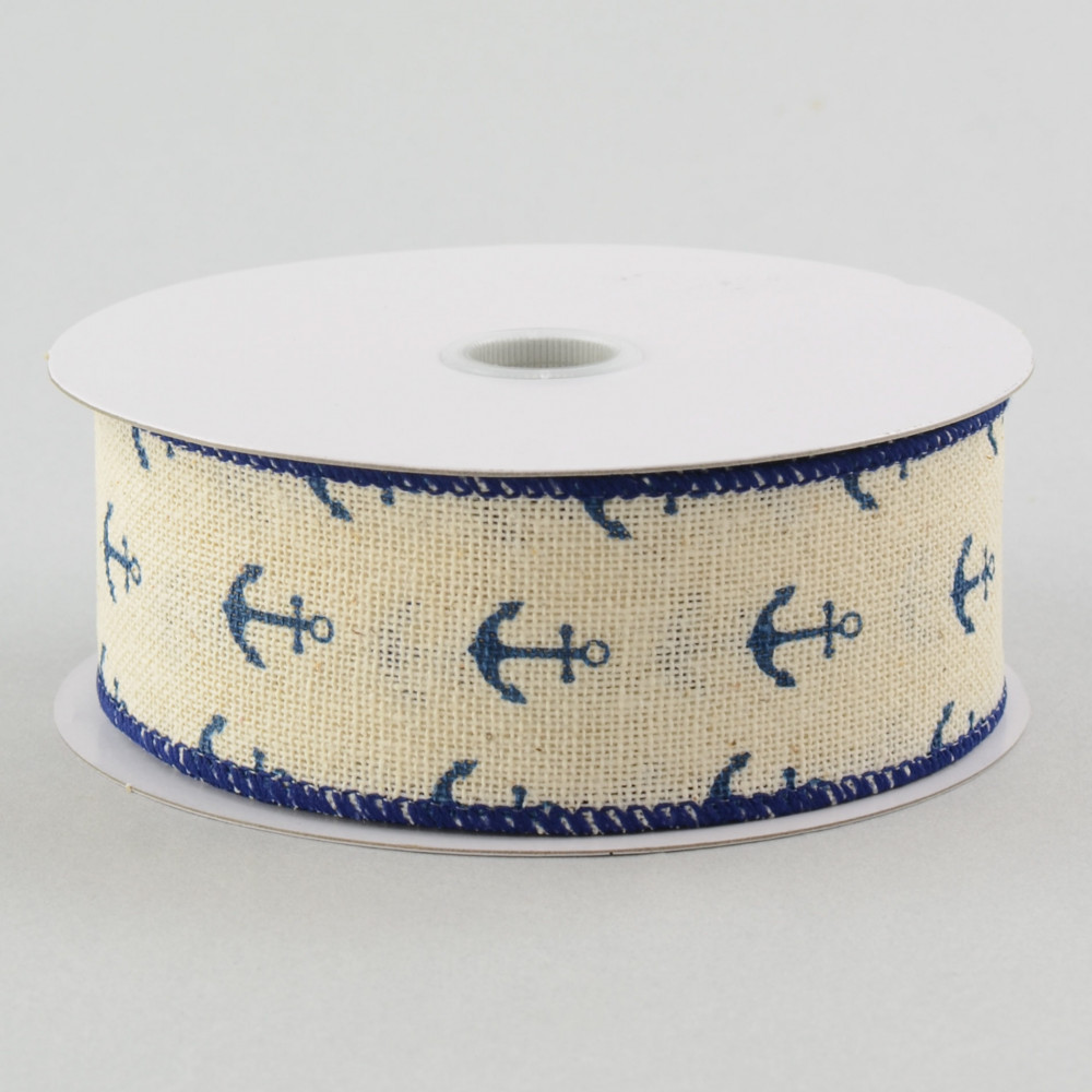 4 Woven Anchor Print Ribbon: Navy Blue & White (10 Yards) [RG0149019] 