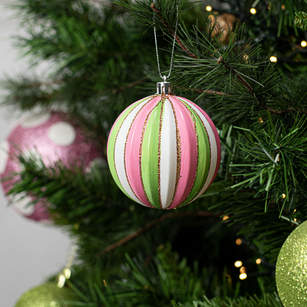 Stripe and Check Hand Painted Needlepoint Ornament Pink and Green