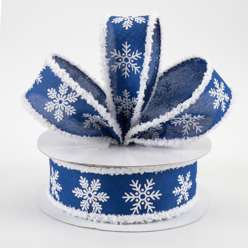 10 Yards - 2.5” Wired Blue and White Glitter Snowflake Ribbon