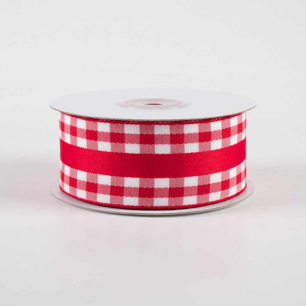1.5 x 100 Feet Red Mini Gingham with Center Stripe and Vertical Stripe Back Wired Ribbon