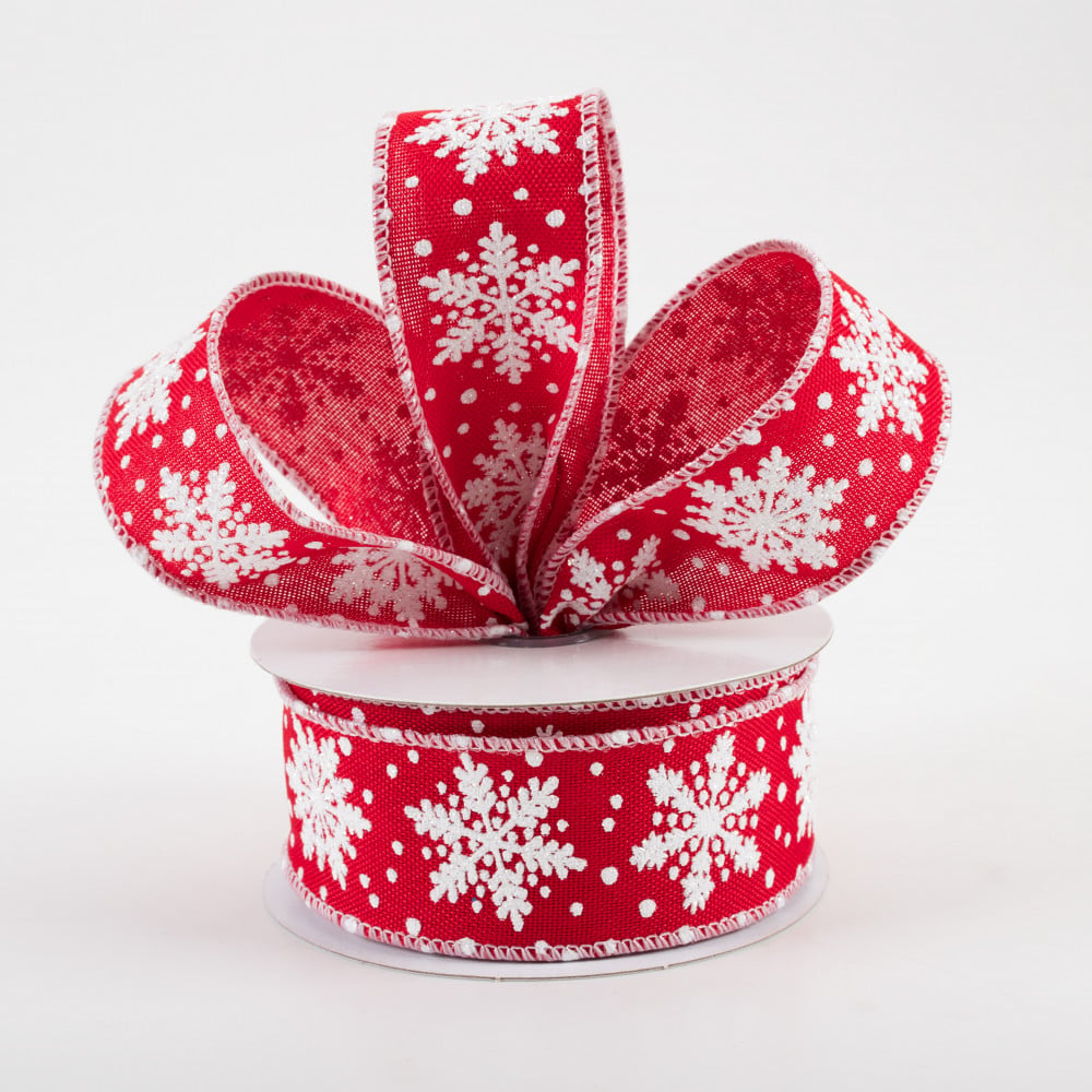 1.5 inch Red Satin Ribbon with White Snowflakes - 5 Yards