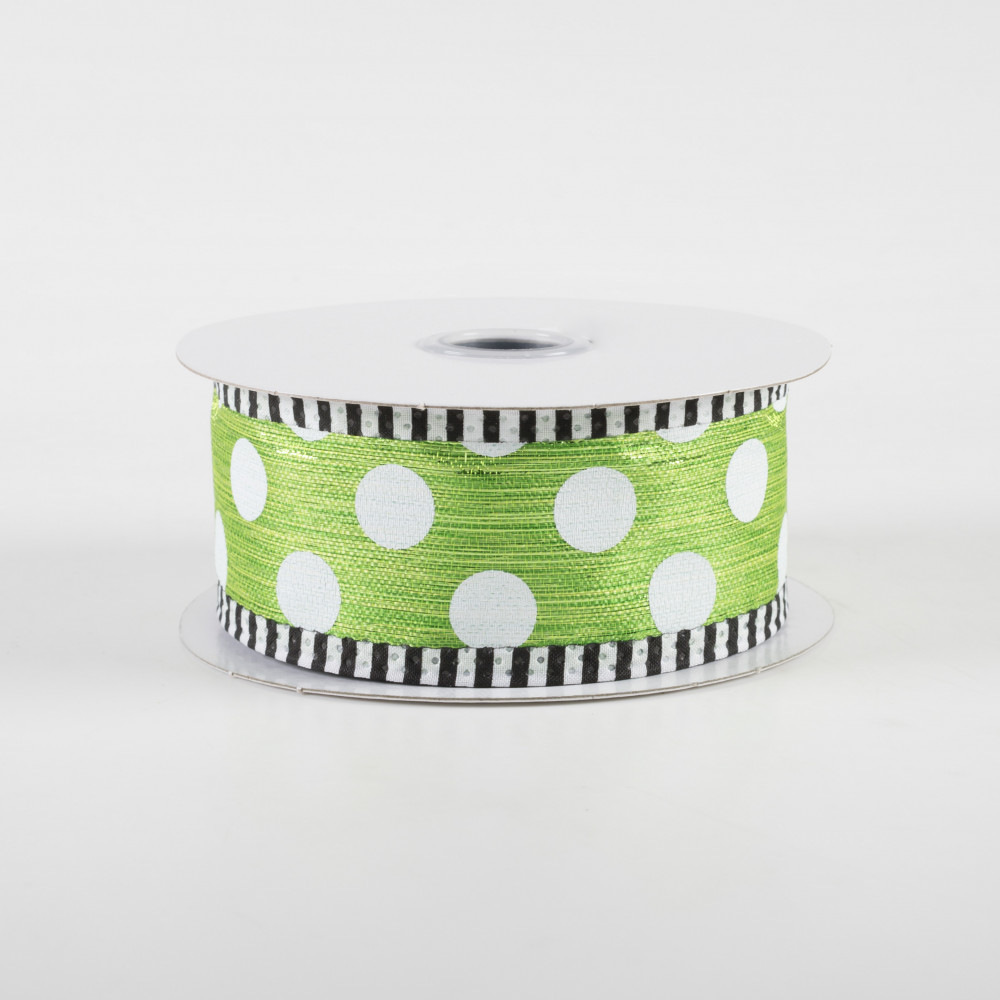 1.5 Thin Stripe Edge Polka Dot Ribbon: Lime Green & White (10 Yards)  [RGA820933] 