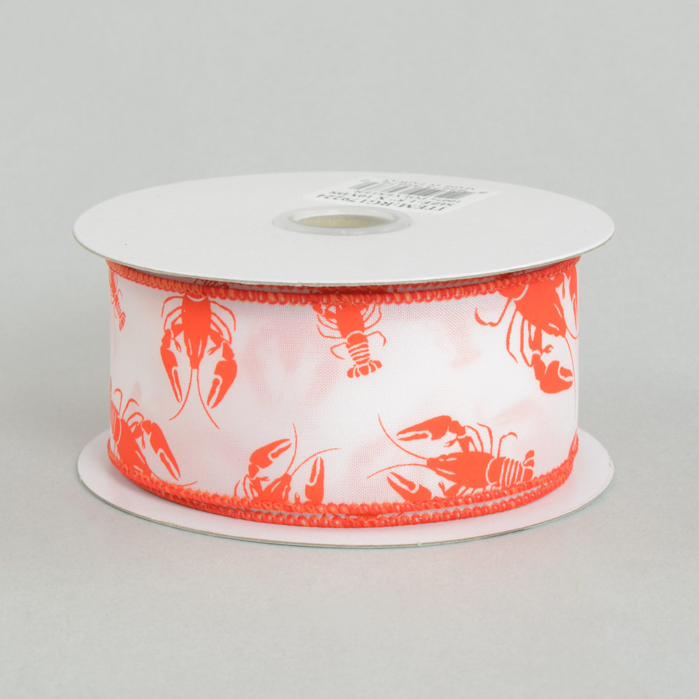 Red lobsters on white satin ribbon, 10 Yards