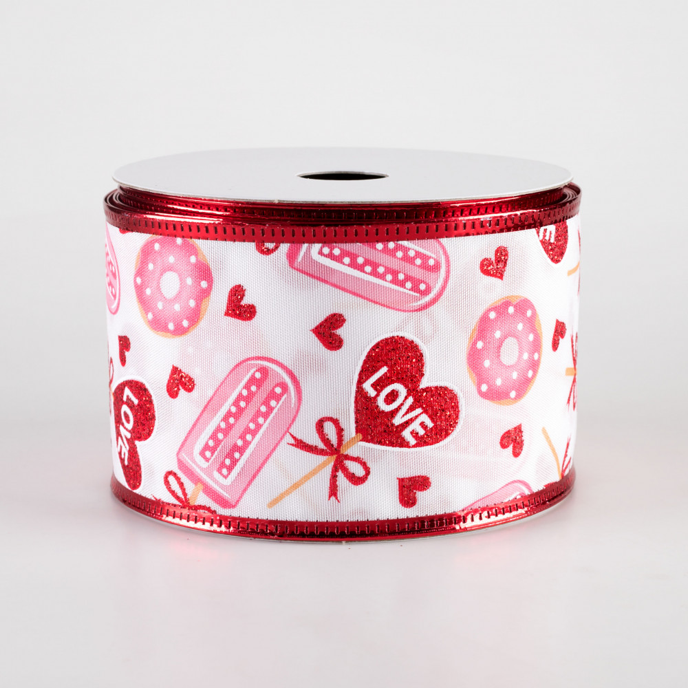 1.5 Valentine's Day Candy & Donuts Satin Ribbon: White, Red, Pink (10  Yards) [15401-09-01] 