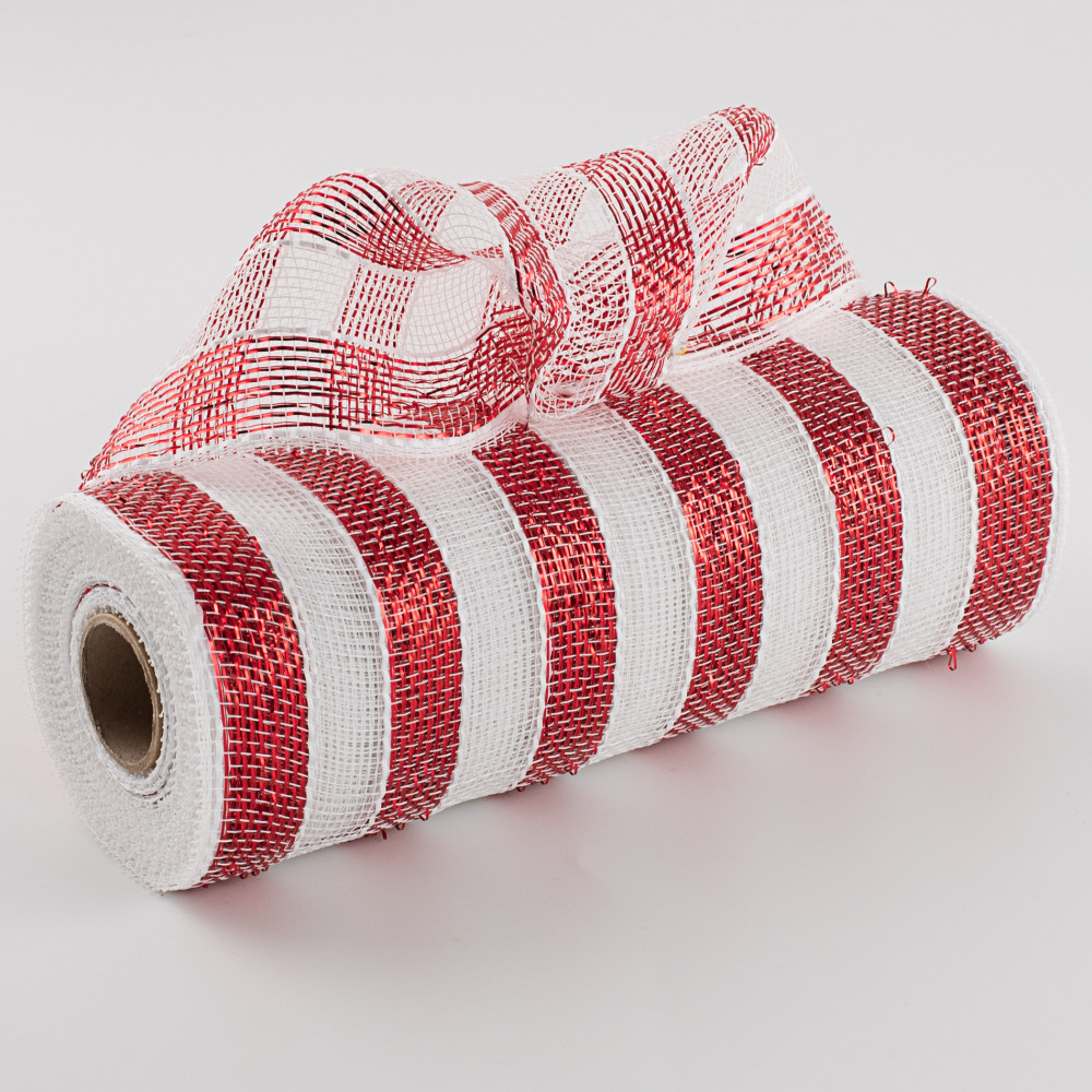 Red - Deco Mesh Metallic Stripes - ( 10 Inch x 10 Yards )