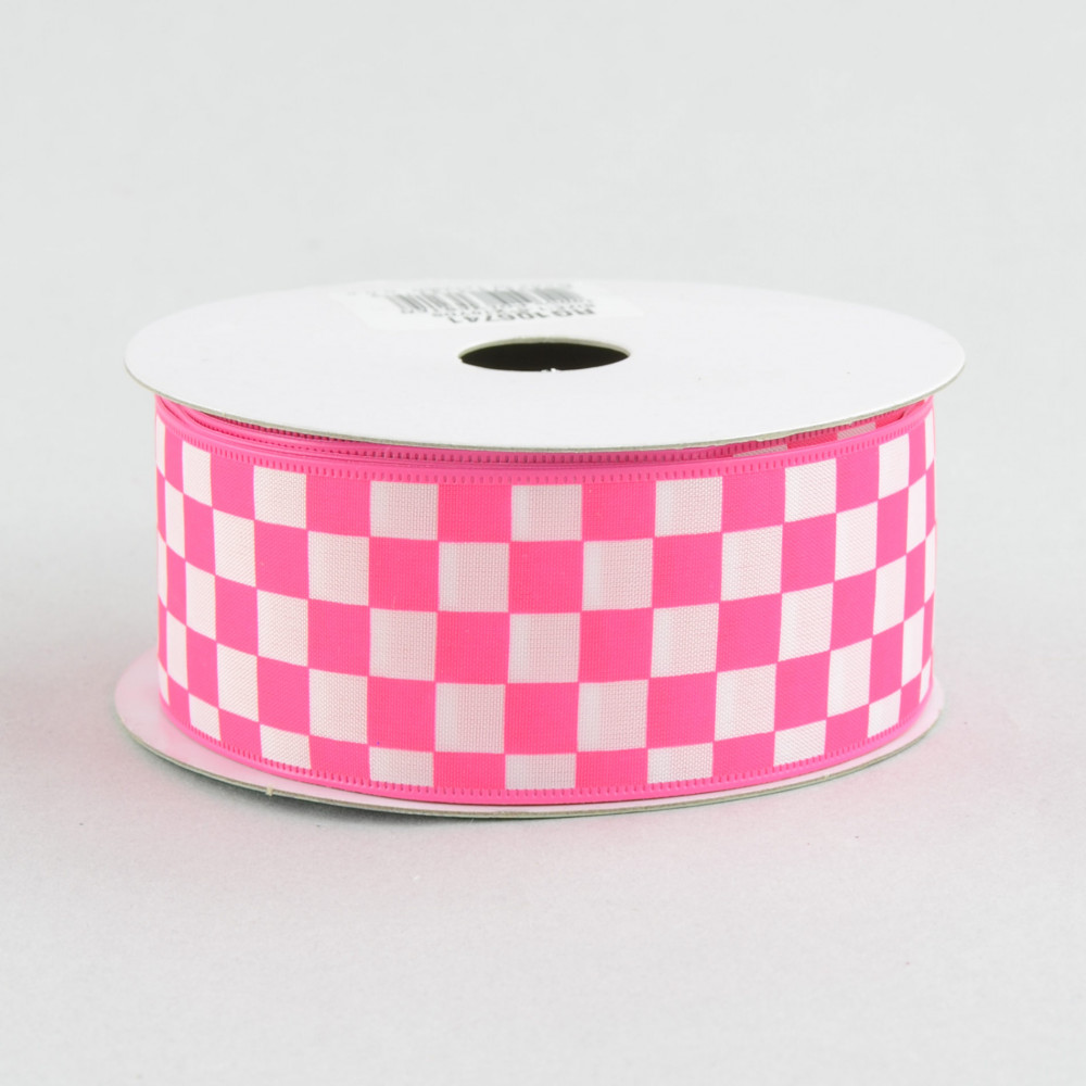 Hot Pink Gingham check on 1.5 white single face satin, 10 yards