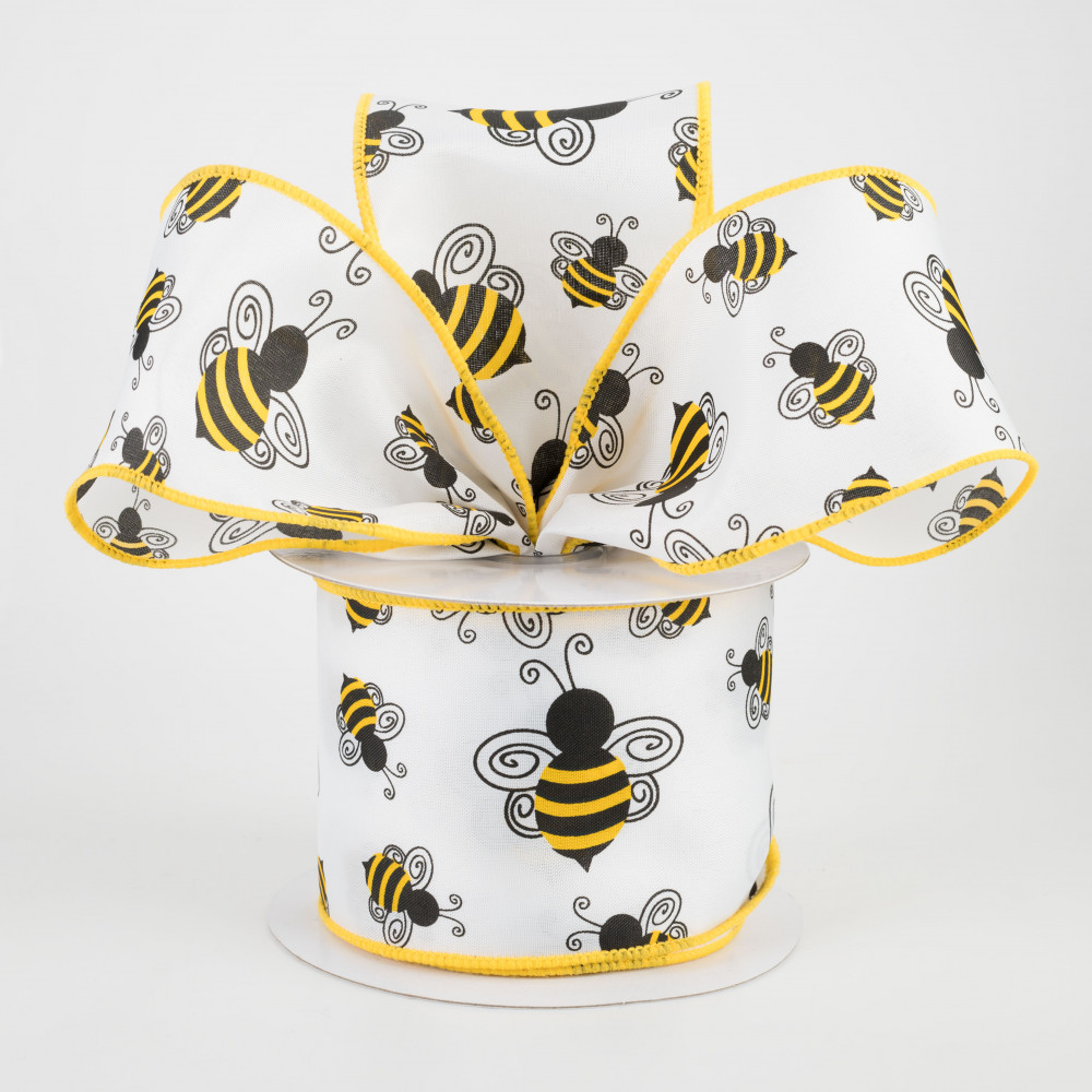 2.5 inch Wired Natural Ribbon Featuring Scattered Bumble Bees - 10
