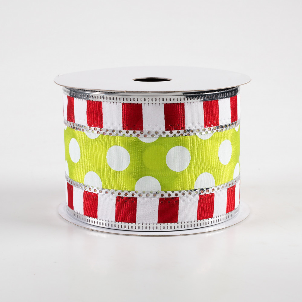 2.5 x 10 yds Red Satin Ribbon with Dark Green & Lime Green Glittered Dots,  Wired Christmas Ribbon