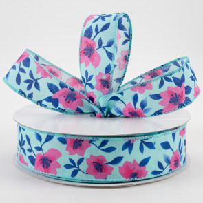 Pink and Green tropical print on 5/8 white single face satin ribbon, 10  yards
