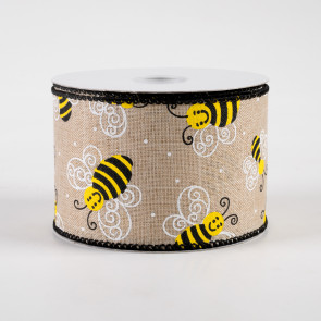 Wired Ribbon * Bumble Bees And Daisies * Beige, White, Yellow, Green,  Orange and Black * 2.5 x 10 Yards * RGC184801