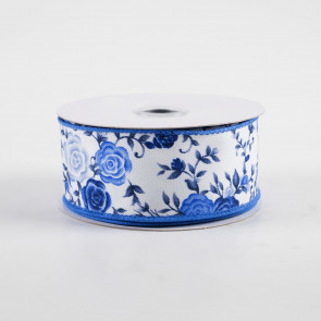 1.5 White Linen with Cobalt Blue Ombre Roses Wired Ribbon on a 10 Yard  Roll - Kelea's Florals